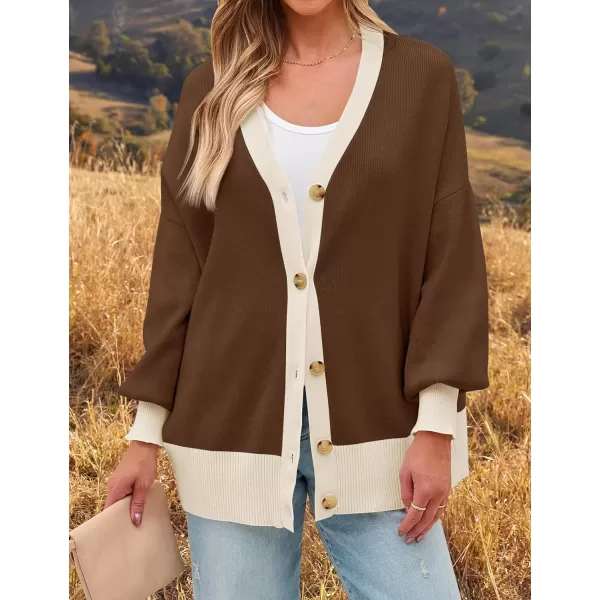 imageZESICA Womens Casual Loose Knitted Cardigan Long Sleeve Open Front Contrast Color Button Down Oversized Sweater CoatsMocha