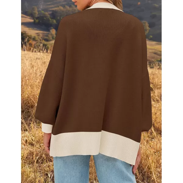 imageZESICA Womens Casual Loose Knitted Cardigan Long Sleeve Open Front Contrast Color Button Down Oversized Sweater CoatsMocha