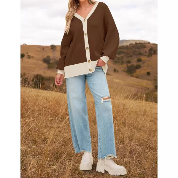 imageZESICA Womens Casual Loose Knitted Cardigan Long Sleeve Open Front Contrast Color Button Down Oversized Sweater CoatsMocha