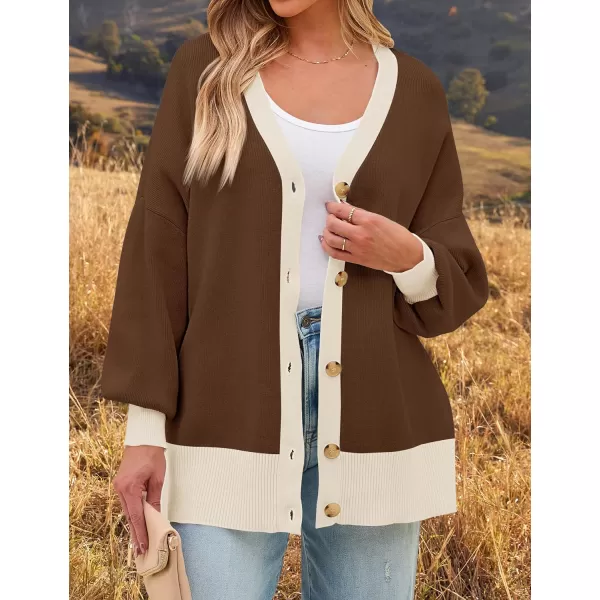 imageZESICA Womens Casual Loose Knitted Cardigan Long Sleeve Open Front Contrast Color Button Down Oversized Sweater CoatsMocha
