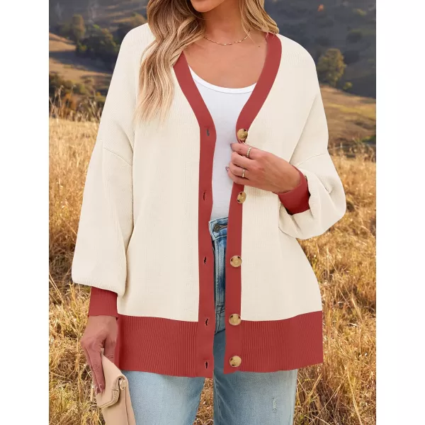 imageZESICA Womens Casual Loose Knitted Cardigan Long Sleeve Open Front Contrast Color Button Down Oversized Sweater CoatsRed