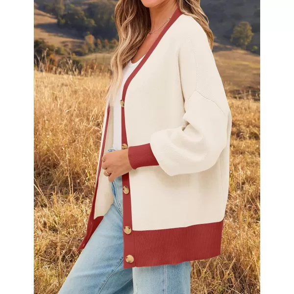 imageZESICA Womens Casual Loose Knitted Cardigan Long Sleeve Open Front Contrast Color Button Down Oversized Sweater CoatsRed