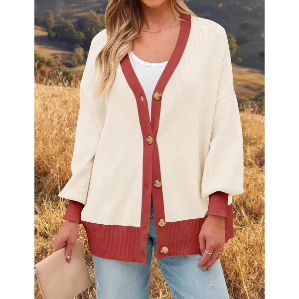 imageZESICA Womens Casual Loose Knitted Cardigan Long Sleeve Open Front Contrast Color Button Down Oversized Sweater CoatsRed