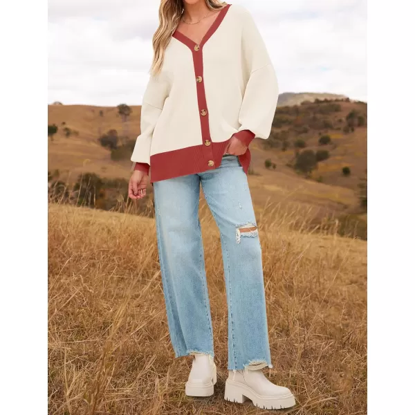 imageZESICA Womens Casual Loose Knitted Cardigan Long Sleeve Open Front Contrast Color Button Down Oversized Sweater CoatsRed