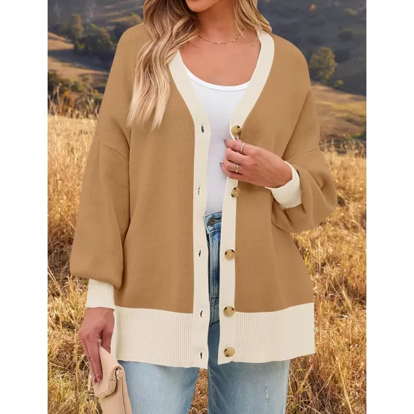 imageZESICA Womens Casual Loose Knitted Cardigan Long Sleeve Open Front Contrast Color Button Down Oversized Sweater CoatsToffee