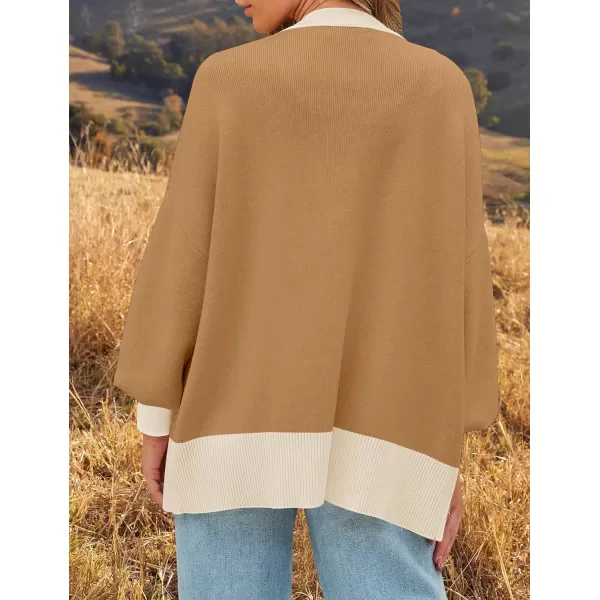 imageZESICA Womens Casual Loose Knitted Cardigan Long Sleeve Open Front Contrast Color Button Down Oversized Sweater CoatsToffee