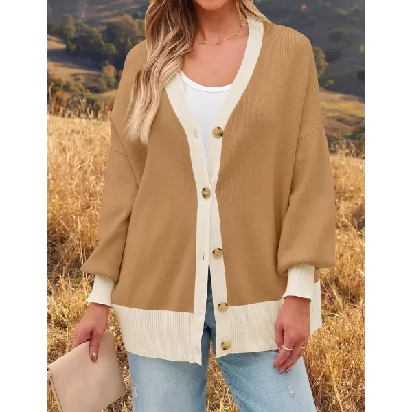 imageZESICA Womens Casual Loose Knitted Cardigan Long Sleeve Open Front Contrast Color Button Down Oversized Sweater CoatsToffee