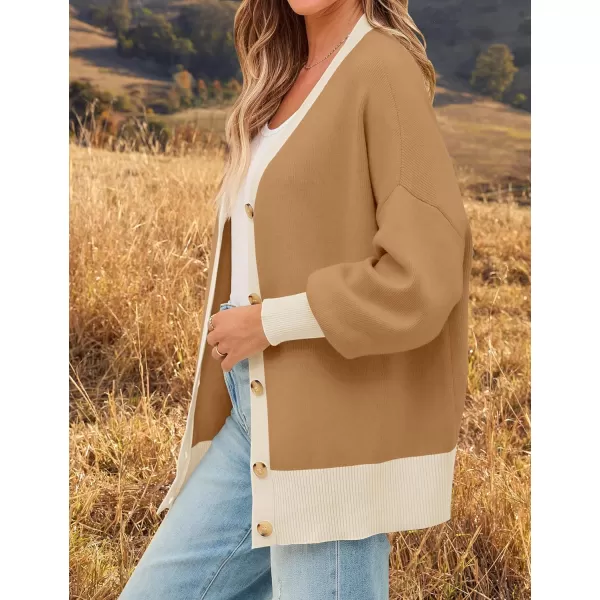 imageZESICA Womens Casual Loose Knitted Cardigan Long Sleeve Open Front Contrast Color Button Down Oversized Sweater CoatsToffee