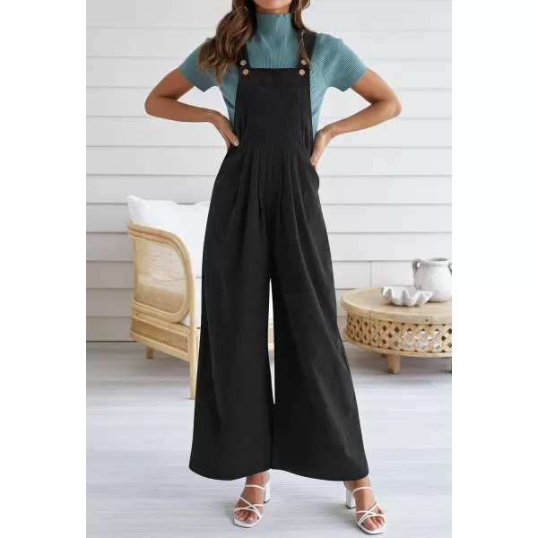 imageZESICA Womens Casual Overalls Jumpsuits Loose Corduroy Bib Adjustable Straps Wide Leg Long Pant Romper with PocketsBlack