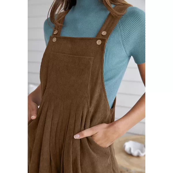 imageZESICA Womens Casual Overalls Jumpsuits Loose Corduroy Bib Adjustable Straps Wide Leg Long Pant Romper with PocketsBrown