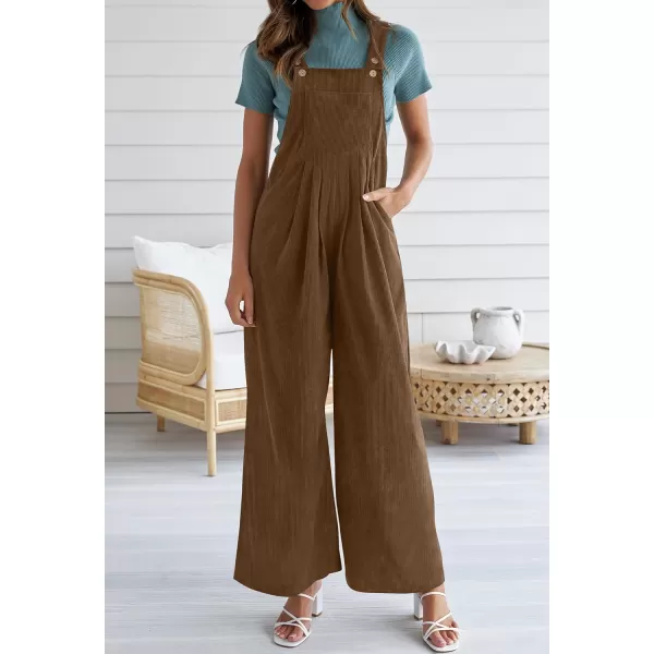 imageZESICA Womens Casual Overalls Jumpsuits Loose Corduroy Bib Adjustable Straps Wide Leg Long Pant Romper with PocketsBrown