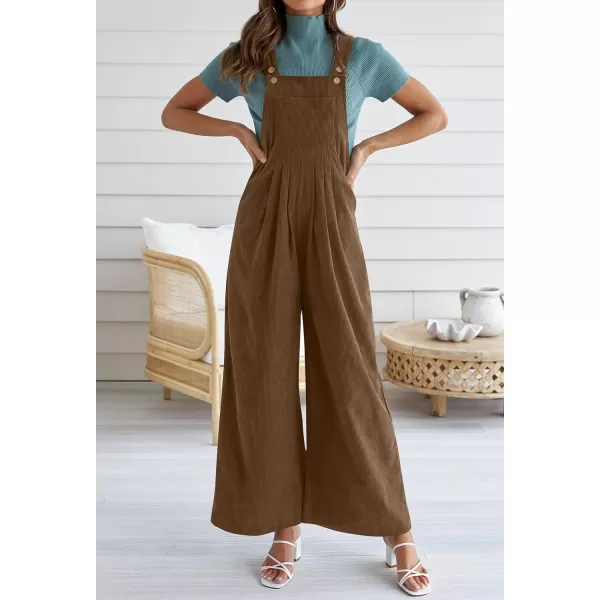imageZESICA Womens Casual Overalls Jumpsuits Loose Corduroy Bib Adjustable Straps Wide Leg Long Pant Romper with PocketsBrown