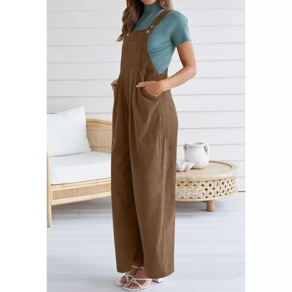 imageZESICA Womens Casual Overalls Jumpsuits Loose Corduroy Bib Adjustable Straps Wide Leg Long Pant Romper with PocketsBrown
