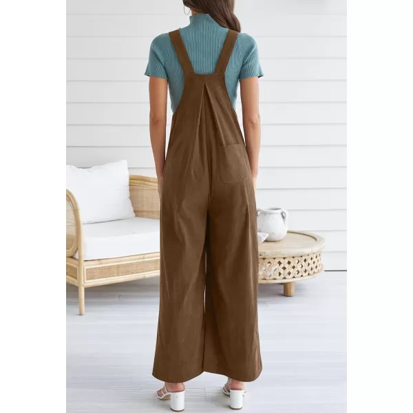 imageZESICA Womens Casual Overalls Jumpsuits Loose Corduroy Bib Adjustable Straps Wide Leg Long Pant Romper with PocketsBrown