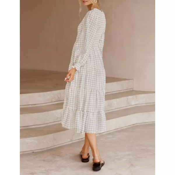 imageZESICA Womens Casual Plaid Crew Neck Long Puff Sleeve Elastic Waist Smocked Flowy Tiered Midi DressBeige