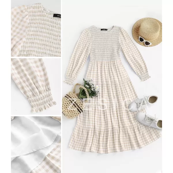 imageZESICA Womens Casual Plaid Crew Neck Long Puff Sleeve Elastic Waist Smocked Flowy Tiered Midi DressBeige