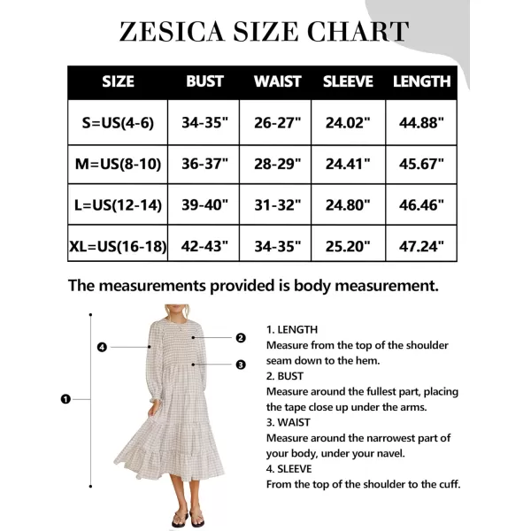 imageZESICA Womens Casual Plaid Crew Neck Long Puff Sleeve Elastic Waist Smocked Flowy Tiered Midi DressBeige