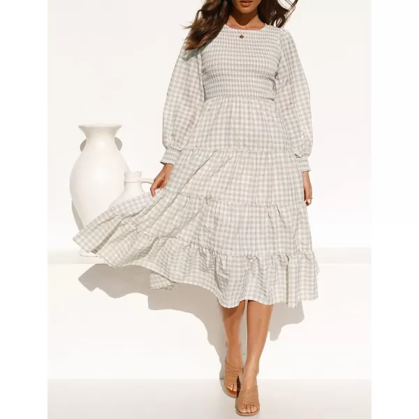 imageZESICA Womens Casual Plaid Crew Neck Long Puff Sleeve Elastic Waist Smocked Flowy Tiered Midi DressBeige