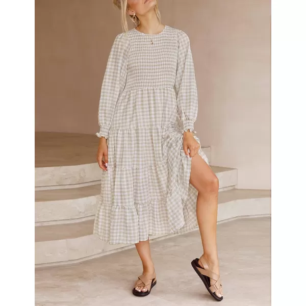imageZESICA Womens Casual Plaid Crew Neck Long Puff Sleeve Elastic Waist Smocked Flowy Tiered Midi DressBeige
