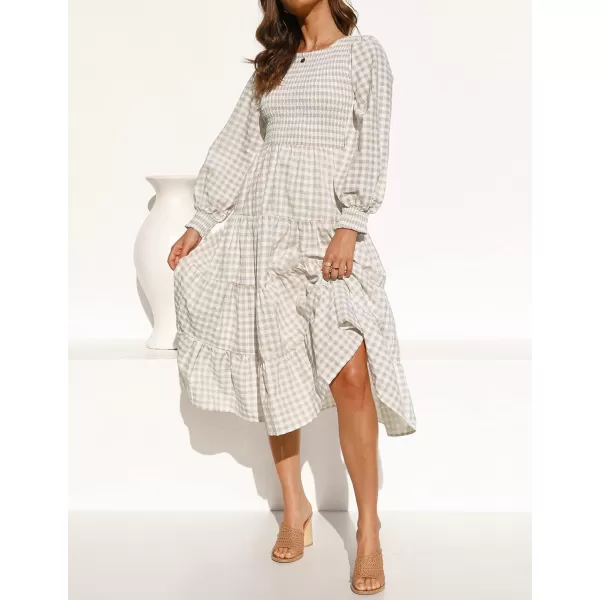 imageZESICA Womens Casual Plaid Crew Neck Long Puff Sleeve Elastic Waist Smocked Flowy Tiered Midi DressBeige
