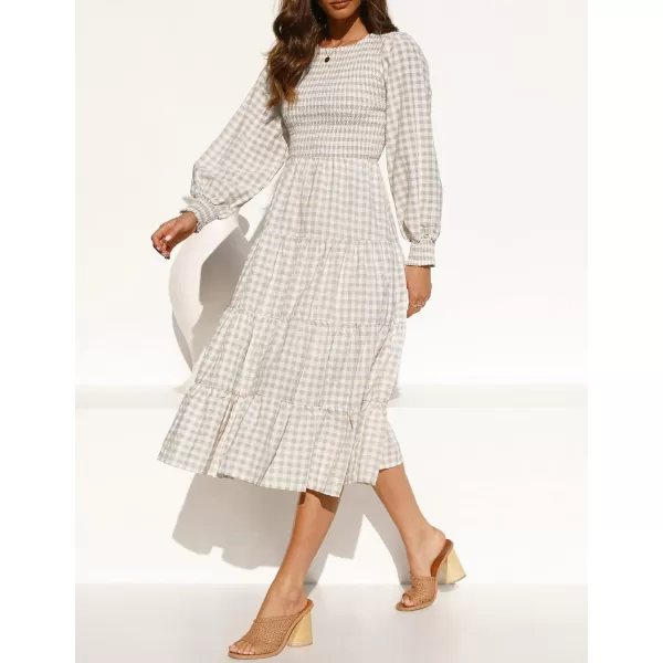 imageZESICA Womens Casual Plaid Crew Neck Long Puff Sleeve Elastic Waist Smocked Flowy Tiered Midi DressBeige