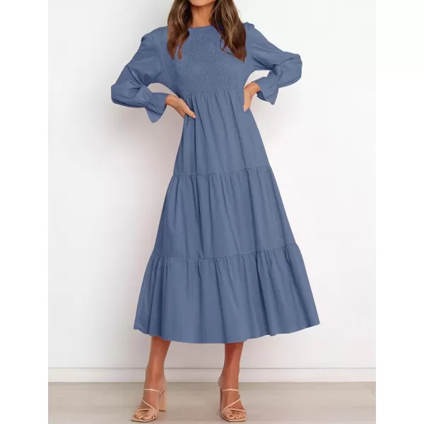 imageZESICA Womens Casual Plaid Crew Neck Long Puff Sleeve Elastic Waist Smocked Flowy Tiered Midi DressDustyblue