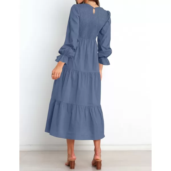 imageZESICA Womens Casual Plaid Crew Neck Long Puff Sleeve Elastic Waist Smocked Flowy Tiered Midi DressDustyblue