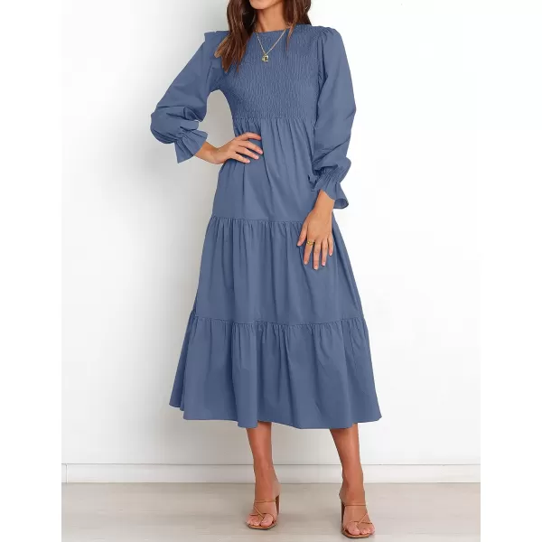 imageZESICA Womens Casual Plaid Crew Neck Long Puff Sleeve Elastic Waist Smocked Flowy Tiered Midi DressDustyblue