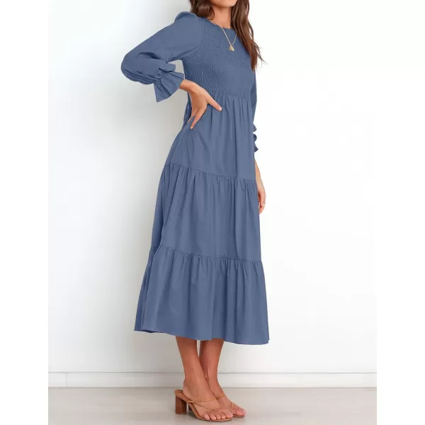 imageZESICA Womens Casual Plaid Crew Neck Long Puff Sleeve Elastic Waist Smocked Flowy Tiered Midi DressDustyblue