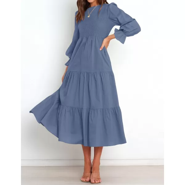imageZESICA Womens Casual Plaid Crew Neck Long Puff Sleeve Elastic Waist Smocked Flowy Tiered Midi DressDustyblue
