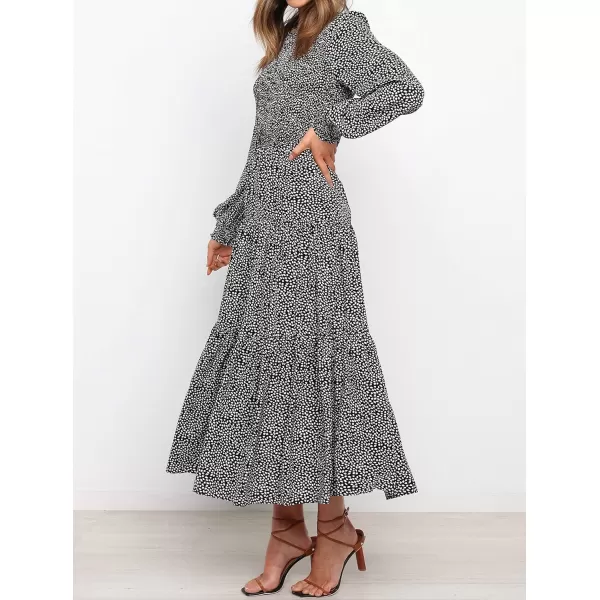 imageZESICA Womens Casual Plaid Crew Neck Long Puff Sleeve Elastic Waist Smocked Flowy Tiered Midi DressFloralblack