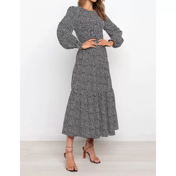 imageZESICA Womens Casual Plaid Crew Neck Long Puff Sleeve Elastic Waist Smocked Flowy Tiered Midi DressFloralblack