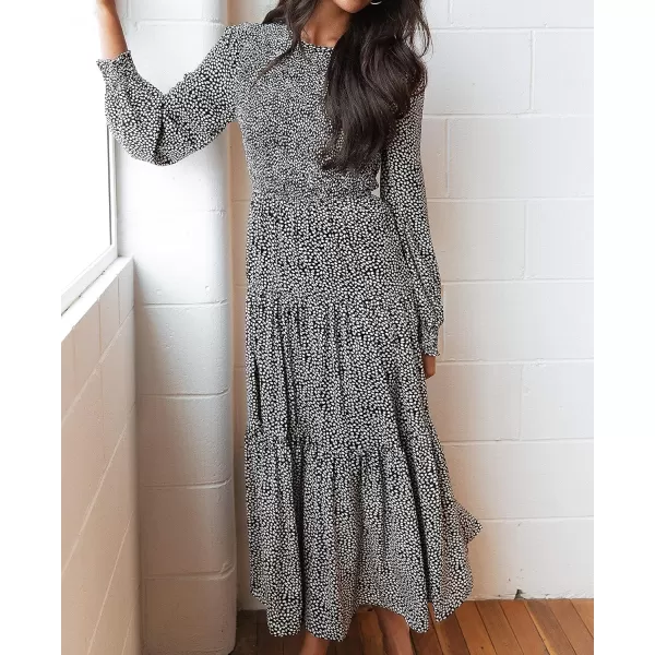 imageZESICA Womens Casual Plaid Crew Neck Long Puff Sleeve Elastic Waist Smocked Flowy Tiered Midi DressFloralblack