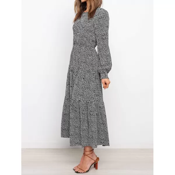 imageZESICA Womens Casual Plaid Crew Neck Long Puff Sleeve Elastic Waist Smocked Flowy Tiered Midi DressFloralblack