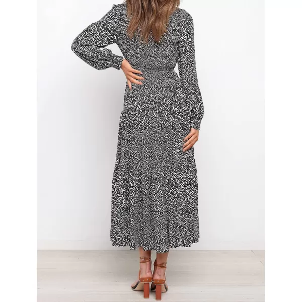 imageZESICA Womens Casual Plaid Crew Neck Long Puff Sleeve Elastic Waist Smocked Flowy Tiered Midi DressFloralblack