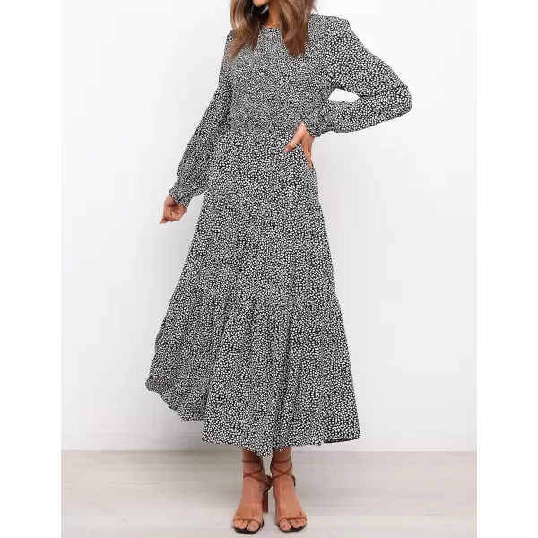 imageZESICA Womens Casual Plaid Crew Neck Long Puff Sleeve Elastic Waist Smocked Flowy Tiered Midi DressFloralblack