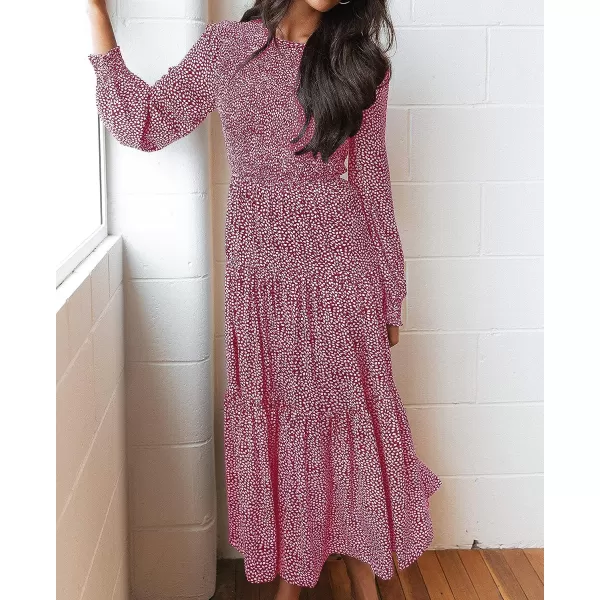 imageZESICA Womens Casual Plaid Crew Neck Long Puff Sleeve Elastic Waist Smocked Flowy Tiered Midi DressFloralred