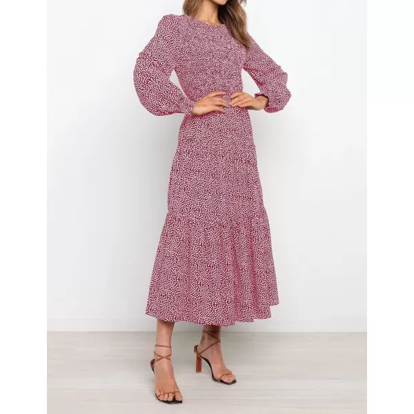 imageZESICA Womens Casual Plaid Crew Neck Long Puff Sleeve Elastic Waist Smocked Flowy Tiered Midi DressFloralred