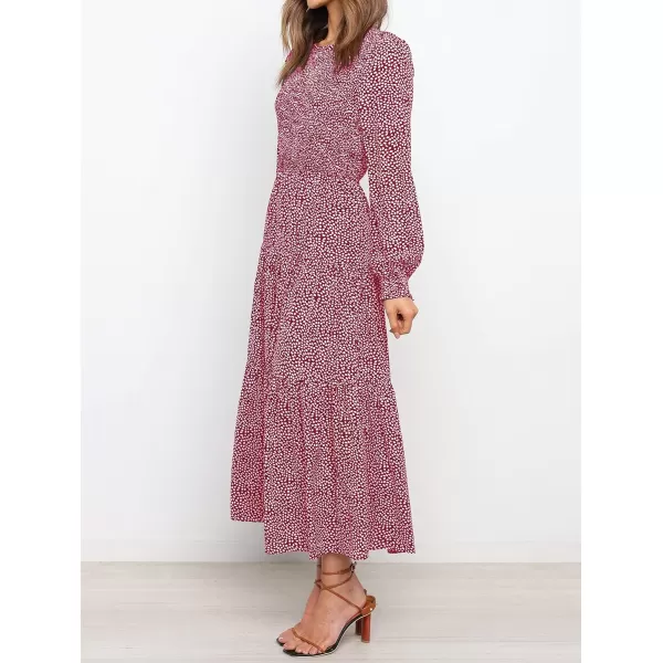imageZESICA Womens Casual Plaid Crew Neck Long Puff Sleeve Elastic Waist Smocked Flowy Tiered Midi DressFloralred
