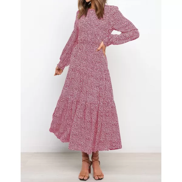 imageZESICA Womens Casual Plaid Crew Neck Long Puff Sleeve Elastic Waist Smocked Flowy Tiered Midi DressFloralred