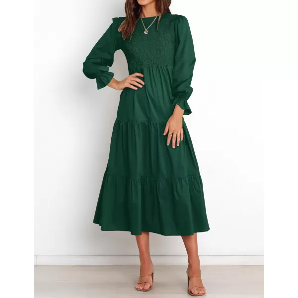 imageZESICA Womens Casual Plaid Crew Neck Long Puff Sleeve Elastic Waist Smocked Flowy Tiered Midi DressForestgreen