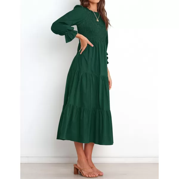 imageZESICA Womens Casual Plaid Crew Neck Long Puff Sleeve Elastic Waist Smocked Flowy Tiered Midi DressForestgreen