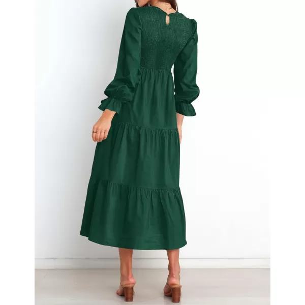 imageZESICA Womens Casual Plaid Crew Neck Long Puff Sleeve Elastic Waist Smocked Flowy Tiered Midi DressForestgreen