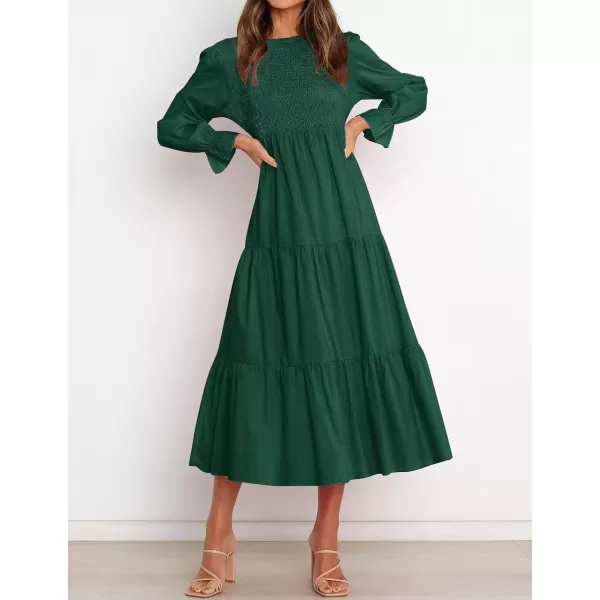 imageZESICA Womens Casual Plaid Crew Neck Long Puff Sleeve Elastic Waist Smocked Flowy Tiered Midi DressForestgreen