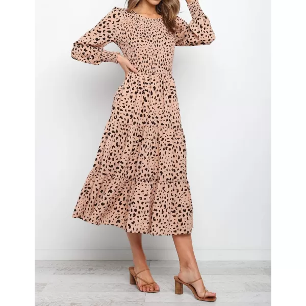 imageZESICA Womens Casual Plaid Crew Neck Long Puff Sleeve Elastic Waist Smocked Flowy Tiered Midi DressLeopard