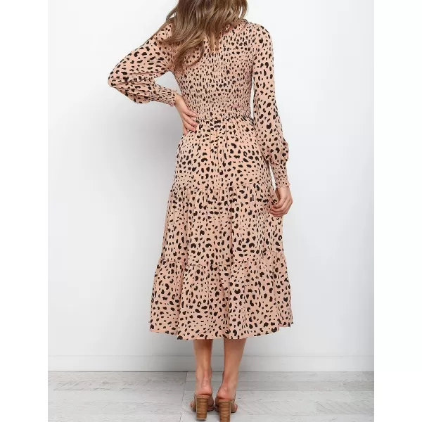 imageZESICA Womens Casual Plaid Crew Neck Long Puff Sleeve Elastic Waist Smocked Flowy Tiered Midi DressLeopard