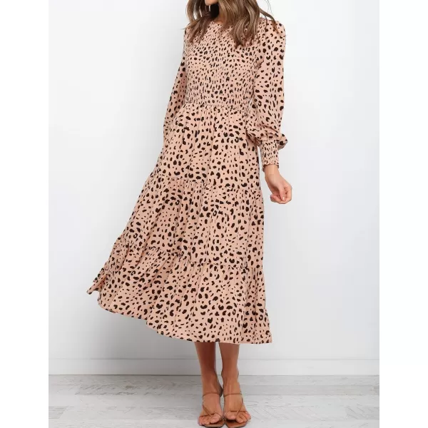 imageZESICA Womens Casual Plaid Crew Neck Long Puff Sleeve Elastic Waist Smocked Flowy Tiered Midi DressLeopard