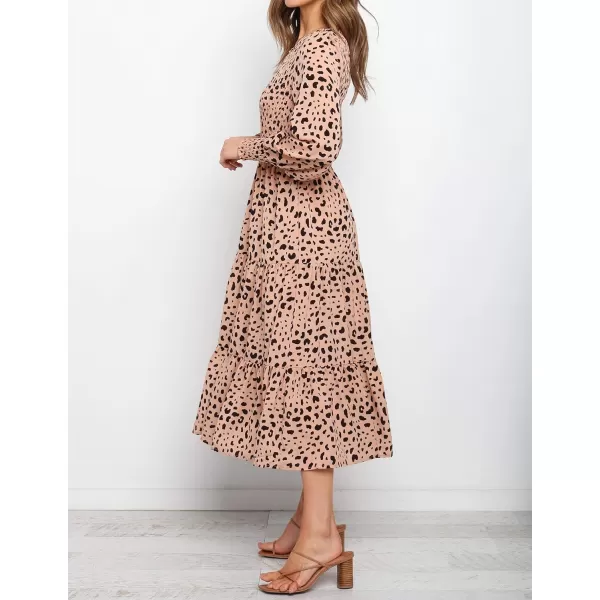 imageZESICA Womens Casual Plaid Crew Neck Long Puff Sleeve Elastic Waist Smocked Flowy Tiered Midi DressLeopard