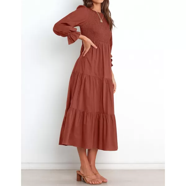 imageZESICA Womens Casual Plaid Crew Neck Long Puff Sleeve Elastic Waist Smocked Flowy Tiered Midi DressRust