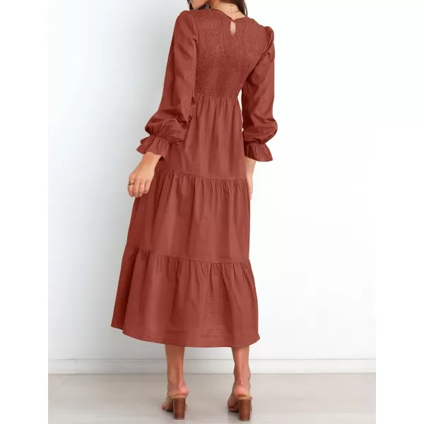 imageZESICA Womens Casual Plaid Crew Neck Long Puff Sleeve Elastic Waist Smocked Flowy Tiered Midi DressRust